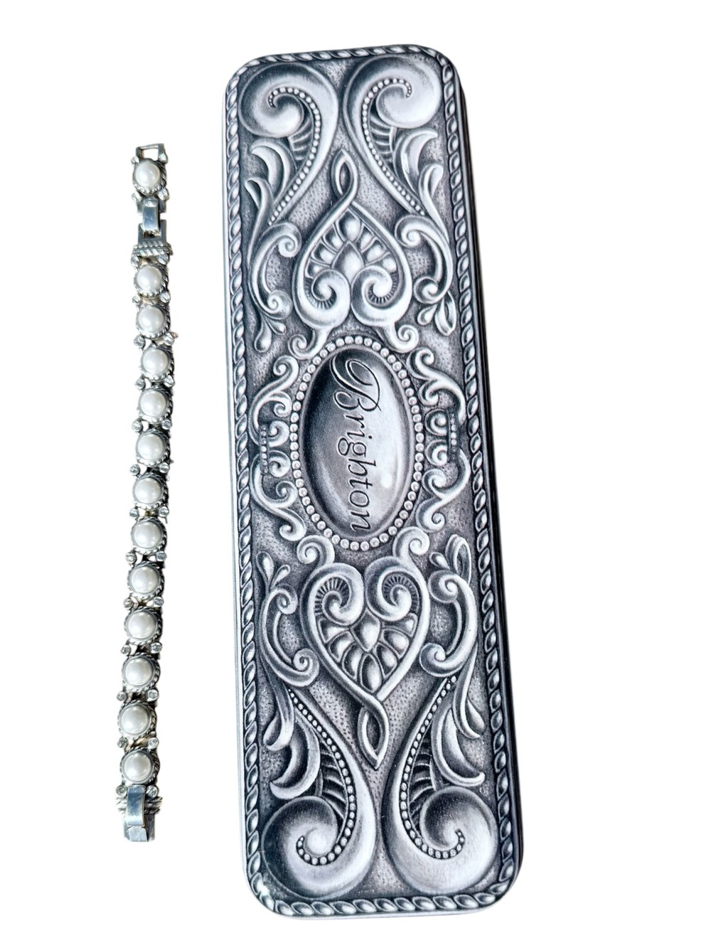 Brighton Sea Gem Silver Scroll faux pearl cabochon link bracelet